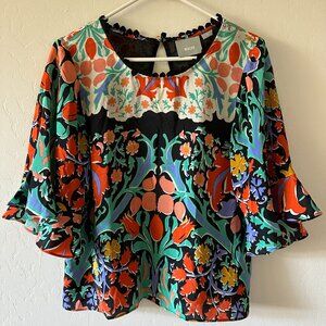 Maeve Anthropologie Bohemian Top 100% Silk Ruffle 3/4 Sleeve Floral Sz 4